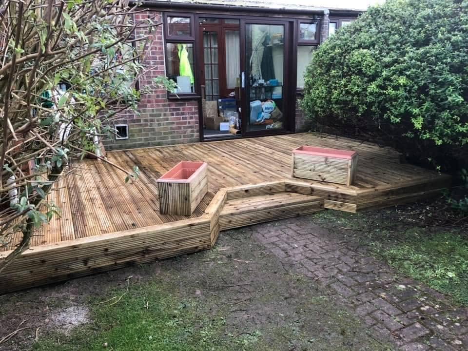 Timber decking with built-in planters